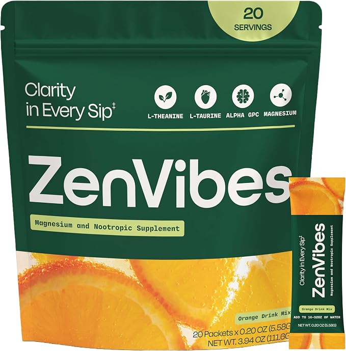 Zen Vibes Magnesium L-Theanine Drink Mix – Orange Calm & Focus Nootropic with Alpha GPC, L-Taurine & Vitamin D3 – Sugar-Free Relaxation Stick Packs, Non-GMO, 20 Servings
