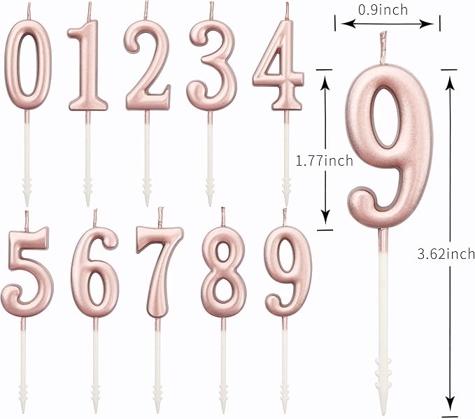PHD CAKE 10-Pieces Rose Gold Numeral Birthday Candles, Cake Numeral Candles Number 0-9 Glitter Cake Topper Decoration for Birthday,Wedding Anniversary,Party Celebration