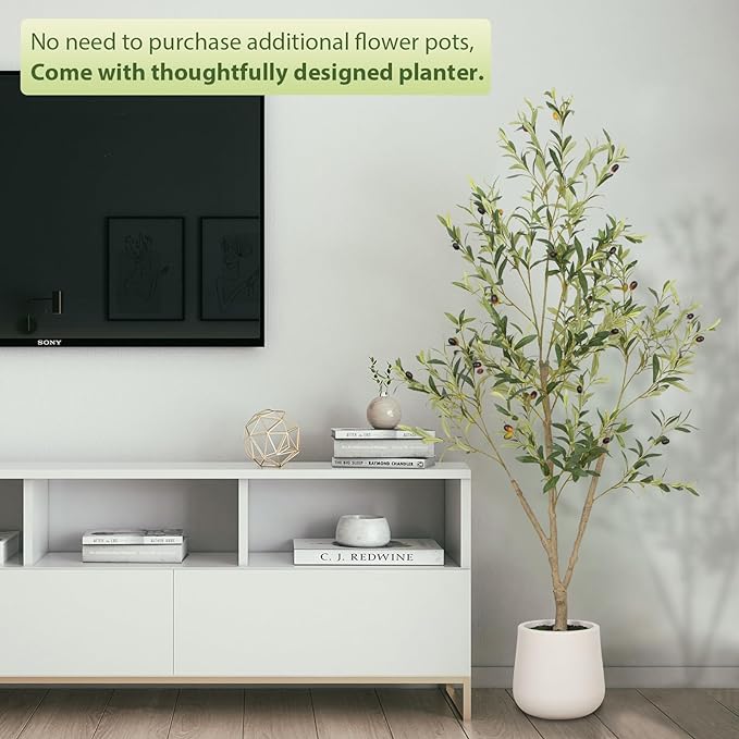 VIVATREES Olive Trees Artificial Indoor, 6FT Tall Faux Olive Tree with White Tall Planter, Artificial Plants with Natural Wood Trunk and Lifelike Fruits for Home Office Decor