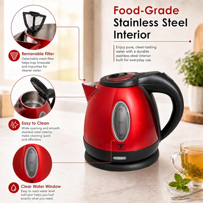 Moss & Stone 1.2L Stainless Steel Small Electric Kettle Red Color, Cordless 1500w Fast Boiling Pot, Portable Hot Water Electric Tea Kettle With Boil Dry Protection & Auto Shut-Off