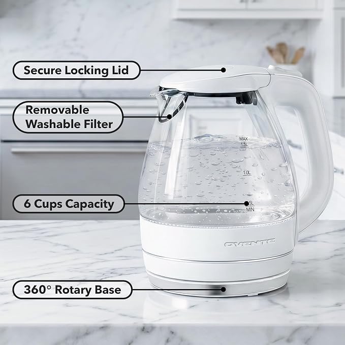 OVENTE Electric Kettle, 1.5L Borosilicate Glass Countertop Water Heater and Boiler for Coffee or Tea, BPA-Free, Auto Shut-Off, Boil-Dry Protection, Removable and Washable Spout Filter, White KG83W
