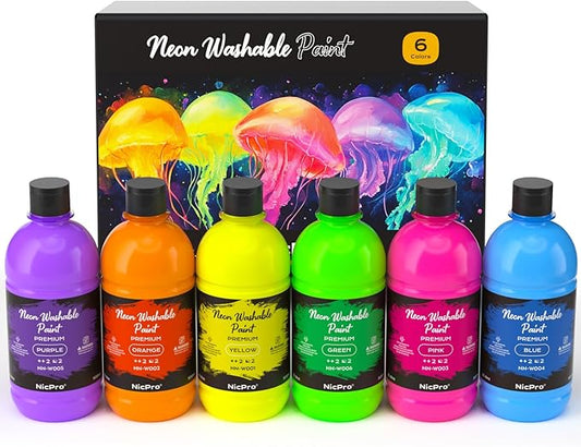 Nicpro 6 Colors Fluorescent Large Washable Paint Set for Kid (16.9 oz), Glow in the Black Light, Non Toxic Neon Tempera Paints for Art, Craft DIY, Poster & Finger Paint, School, Home, Classroom, Party