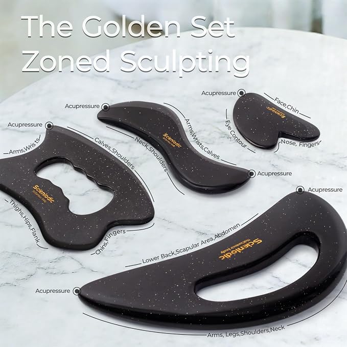 Scienlodic 4 Pcs Gua Sha Massage Tools for Face & Body (Black Gold, Resin) - Guasha Scraping Tool for Jawline Contouring, Puffiness Reduction, Neck, Back, Legs & Muscle Relaxation