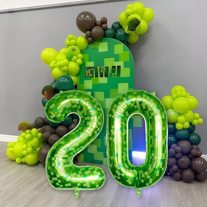 Gaint Green Pixel Number 20 Balloon, Dark Kelly Green Self Inflating 20 Balloons Number, 40 Inch Pixel Foil 20 Balloon for Boys Men 20th Birthday Party Video Game Forest Golf Patrick's Day Decorations