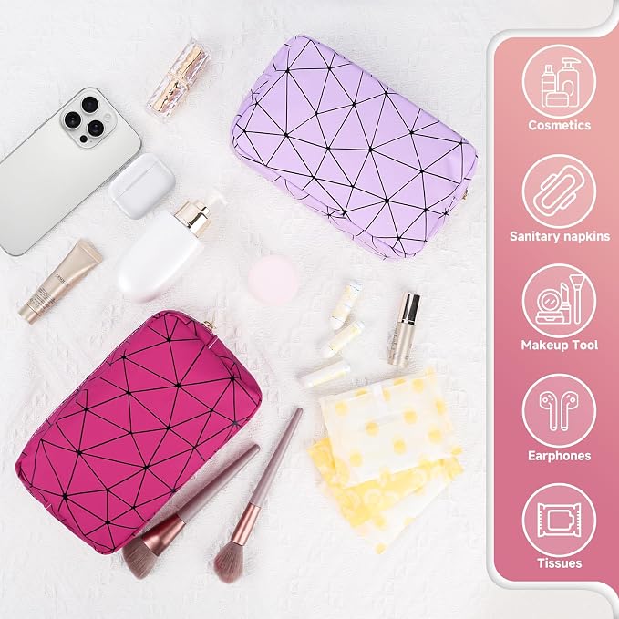 Tampon Holder for Purse Period Bag Waterproof Geometric PU Sanitary Napkin Storage Bag Portable Menstrual Cup Pad Pouch Cute Makeup Bag Feminine Gift Hot Pink