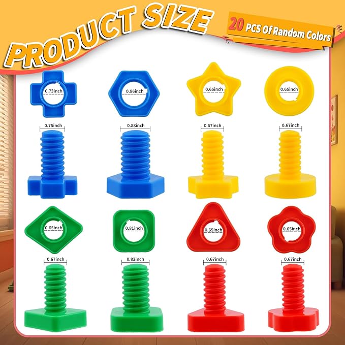 Bbiamsleep 40 Pcs Plastic Nuts and Bolts Fine Motor Skills Shapes and Color Matching for Sorting Counting Training (Random)
