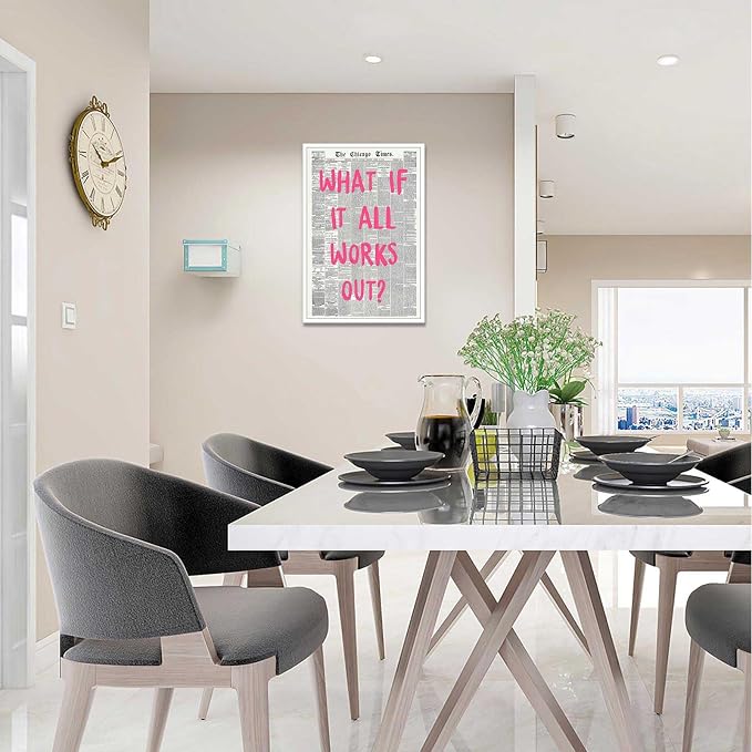 Drimiler What If It All Works Out Poster Retro Newspaper Pink Font Canvas Wall Art Positive Affirming Quote Minimalist Prints Painting For Home Bedroom Dorm Wall Decor 8x12in Unframed