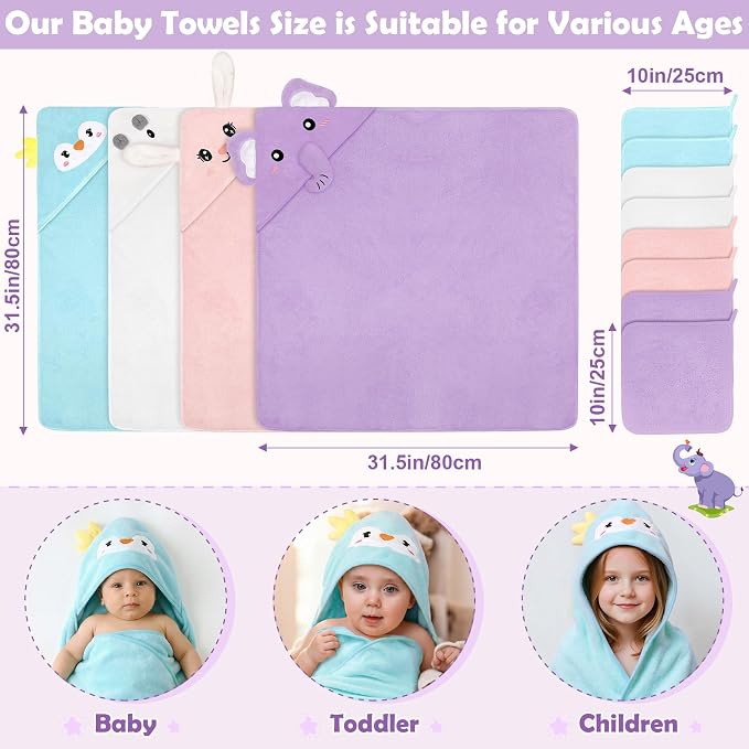 12 PCS Baby Bath Towels Set for Infants Toddlers, 4 PCS Animal Hooded Baby Towels & 8 PCS Washcloths Set, Ultra Absorbent Newborn Bath Essentials Gifts for Boys & Girls