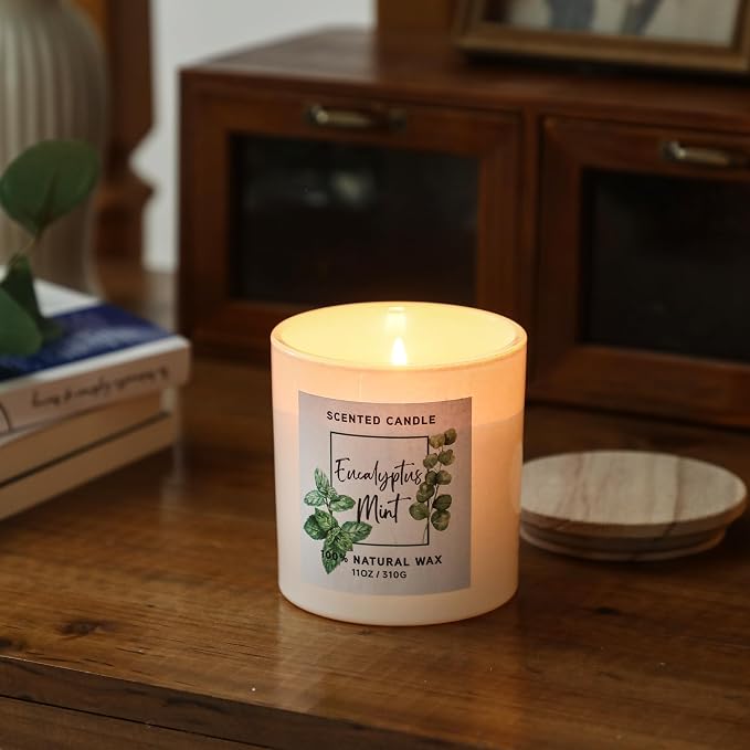 Eucalyptus & Mint Scented Candle,White Summer Candles for Home Scented,11oz | Aromatherapy Candle,Stress Relief Candle,Summer Gift for Women Men,Natural Soy Wax Candle,