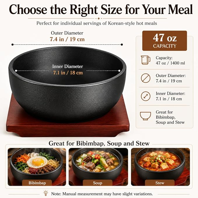 XICHENGSHIDAI Cast Iron Dolsot Bibimbap Bowl, 47 Oz, Wooden Base | Heat-retaining Korean bowl for sizzling rice, bibimbap, soup and stew; includes a wooden base for convenient table serving.