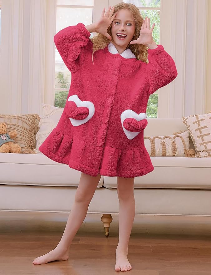 Girls Bathrobes Coral Fleece Button Down Hooded Robes Cute Rabbit Ears Bath Robe Fuzzy Warm Soft Sleepwear