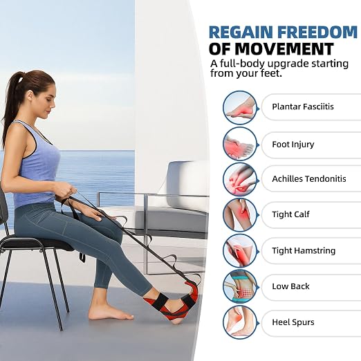 comness Foot and Calf Stretcher-Stretching Strap For Plantar Fasciitis, Heel Spurs, Foot Drop, Achilles Tendonitis & Hamstring. Yoga Foot & Leg Stretch Strap. (Red)