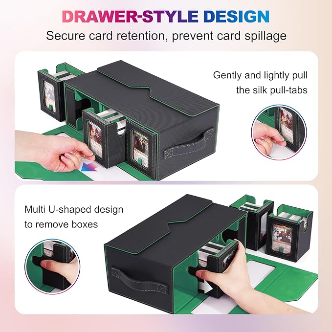 UAONO Commander Deck Box for MTG, 6-Deck Modular Card Case with Dice Tray Holds 600+ Double-sleeved Cards, Removable Trading Cards Storage Box with 35PT Magnetic Card Holders for TCG, Black Green