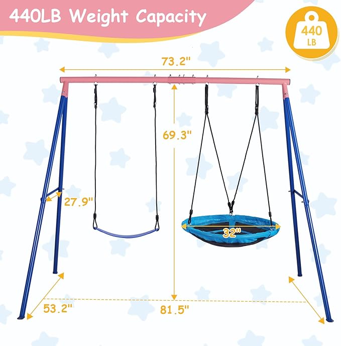 Lunafun Outdoor Swings for Kids, 440lbs, Heavy-Duty A-Frame Metal Outdoor Swing Stand, 1 Saucer & 1 Belt Swing Seat for Playground, Backyard Blue