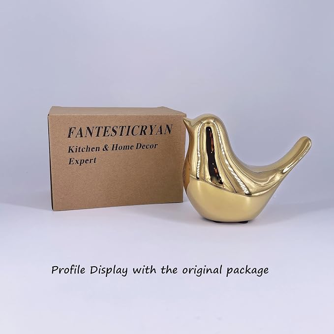 FANTESTICRYAN Small Birds Statues Home Decor, Modern Style, Gold, XL | Ceramic Animal Figurines, Decorative Ornaments, For Living Room, Bedroom, Office Desktop, Cabinets, Coffee Bar