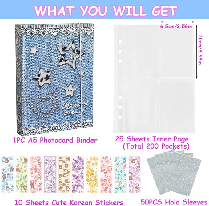 Kpop Photocard Binder with 6 Stickers Sheet & 50 Shinning Protective Sleeves Kpop Photocard Holder Book with Kpop Photocard, A5 Binder Photocard Album 30 Inner Pages with 240 Pockets (Jeans)