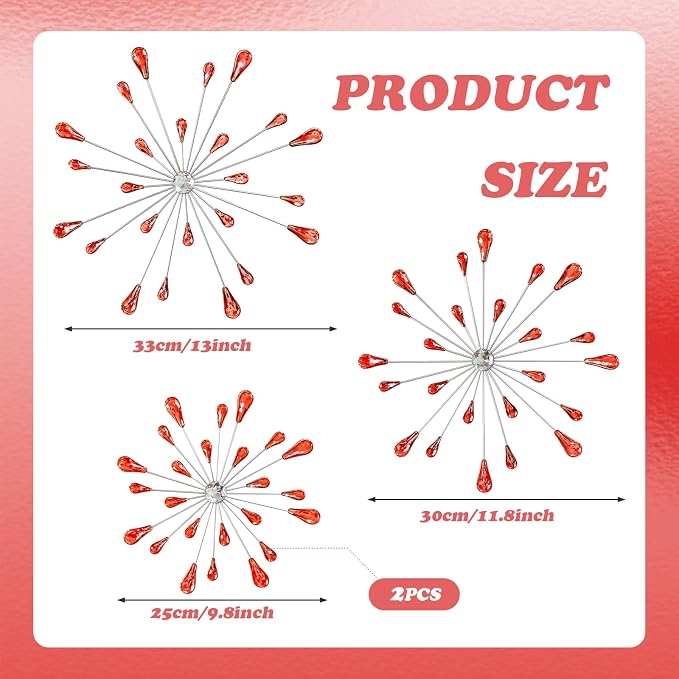 ZEXUIRU 4 Set Silver Starburst Wall Art for Home Decor Metal Bling Crystal Rhinestones Sunburst Wall Decor Sparkling Rhinestone Art Accent -Red 13in/11.8in/9.8in/9.8in