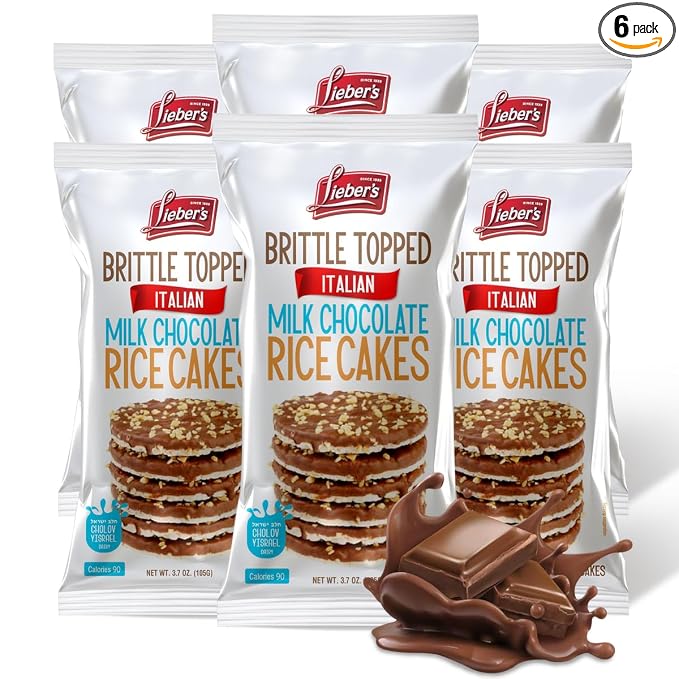 LIEBERS Thin Chocolate Rice Cakes, Kosher Certified Dairy and Dairy Free Options, Gluten Free Snack Pack Of 6 (Brittle Topped Milk Chocolate)