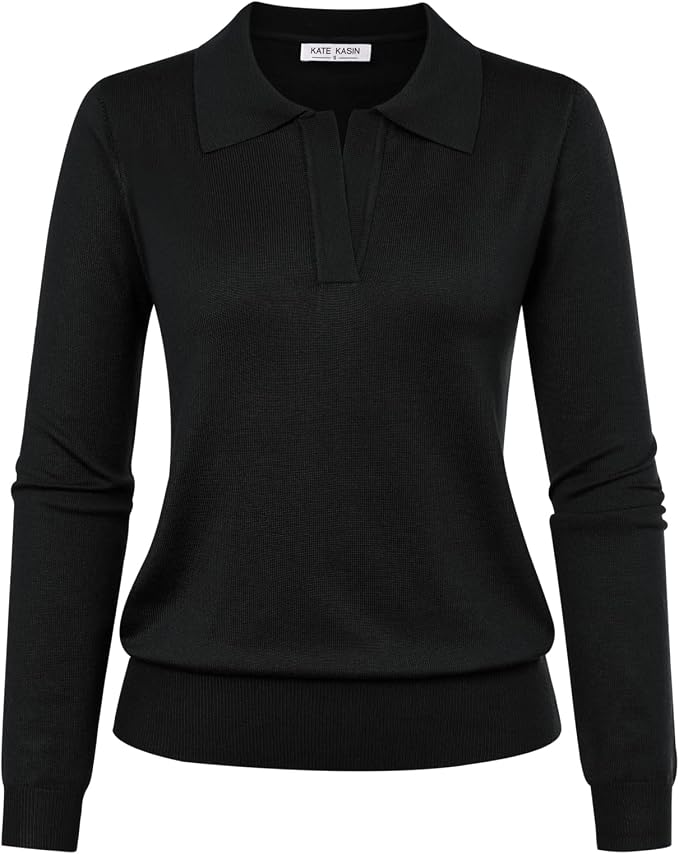 Women's Long Sleeve Classic V Neck Casual Fall Winter Polo Sweater Tops | Basic Collared Knitted Fashion Work Business Formal Daily Wear Versatile Pullover Shirts