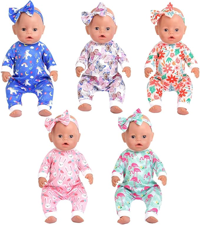 5 Sets Baby Doll Accessories and Clothes - Headbands, Pajamas for 15-18 Inch Dolls, 10 PCs Total