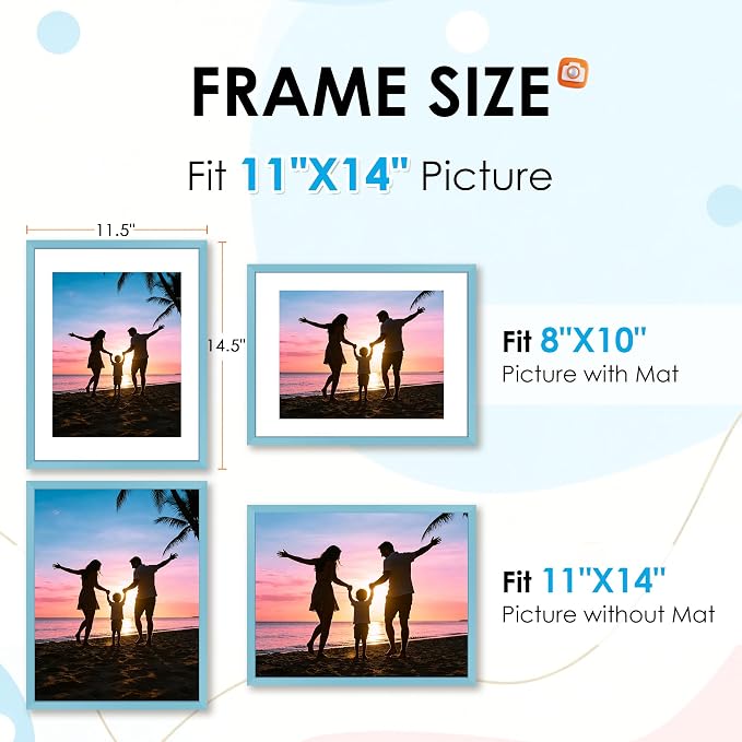 FIXSMITH 11x14 Picture Frame 2 Pack, Blue Photo Frame with HD Plexiglass, Display Pictures 8x10 with Mat or 11x14 Without Mat, Black Picture Frames Collage Wall Decor, Gallary Wall Frame