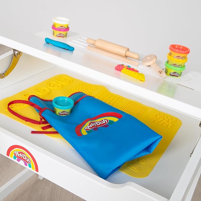 robaPlay-Doh Wooden School Desk & Chair Set with Playset | Creative Workspace for Kids with Storage, Tools, Mat | Fun Art & Craft Station for Boys & Girls 3+