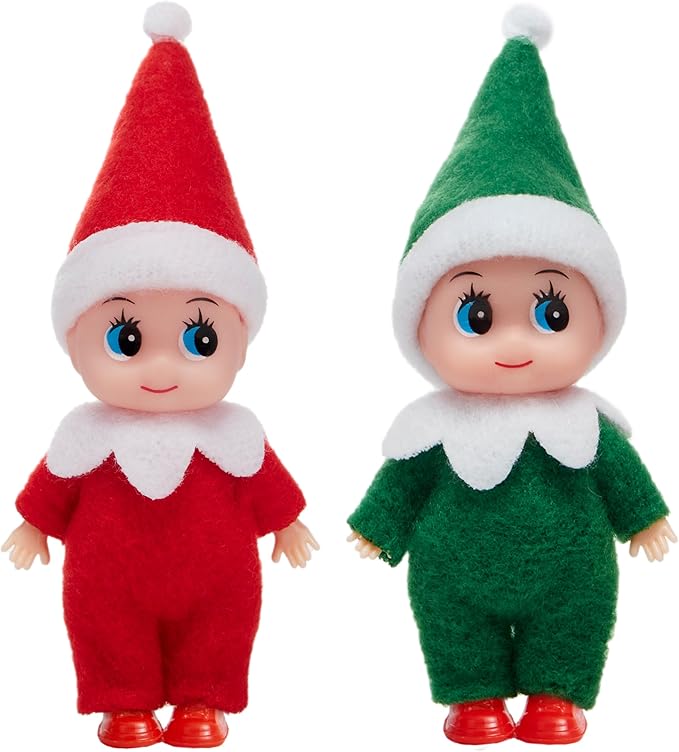 JOYIN 2PCS Christmas Elf Plush Doll, Red and Green Tiny Elf Doll with Clothes and Belt Pattern Soft Plush Accessories for Christmas Holiday Decorations, Dress-Up Party