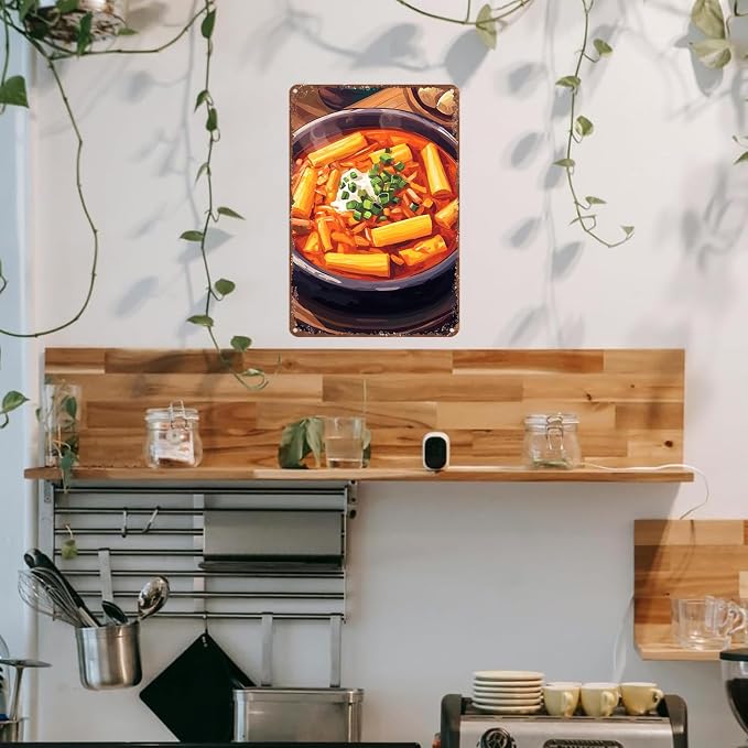 Spicy Tteokbokki Korean Rice Cake Pattern Retro Aluminum Metal Sign 12x8Inch Decorative Wall Art for Home Kitchen Restaurant Cafe Bar