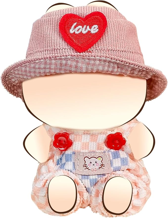 Clothes for 17cm Dolls, Overalls Outfit Set with Accessories, Cute Plush Doll Bucket Hat with Love Heart Design (NO Doll) Pink