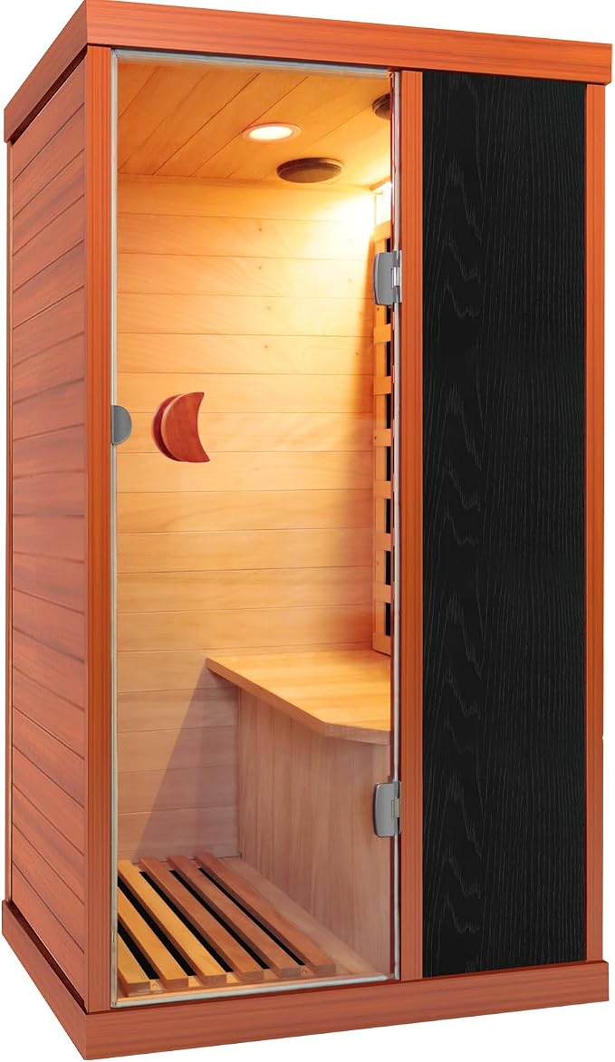 Far Infrared Sauna Home Sauna Room 1200W/110V Low-EMF Wood Indoor Dry Sauna | 1 Person Compact Sauna with Control Panel Speaker & Tempered Glass Door- Fast Heating Easy Assembly 35.2 * 28.8 * 61.5 in