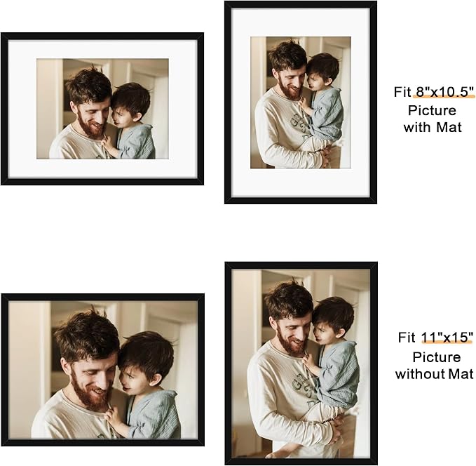 Picrit 11x15 Picture Frame Set of 12, Display 8.5x11 with Mat or 11x15 without Mat, Photo Frames for Wall Mounting Display, Black