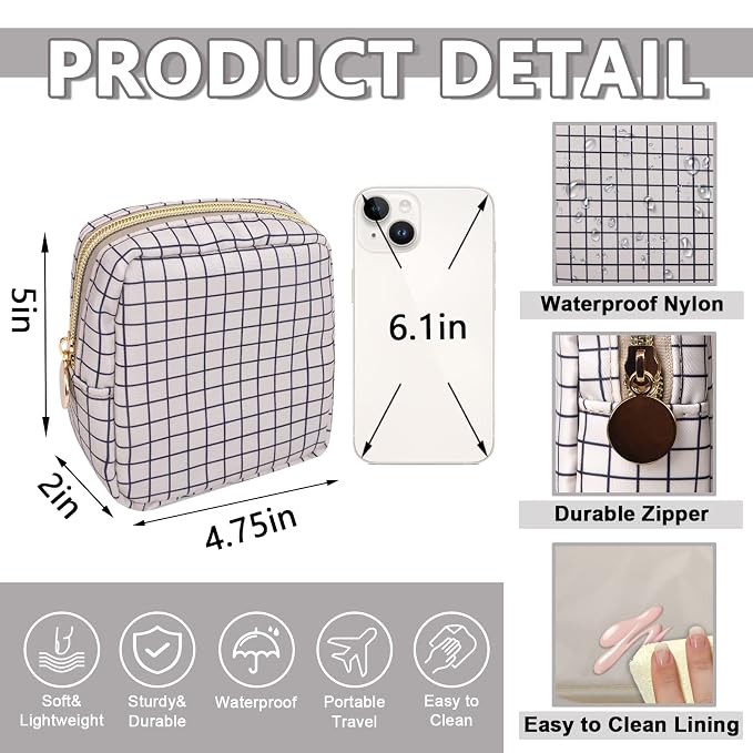 UIXIZQ Mini Makeup Pouch for Purse, Nylon Travel Toiletry Organizers Small Cosmetic Bag for Women Girl, Checkered Cute Zipper Coin Purse Preppy Storage Bag for School Work(Mini-Checkered)