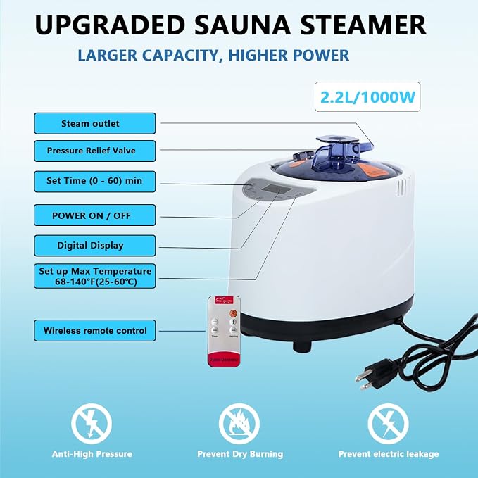 Portable Steam Sauna | Full Size Portablel Sauna Tent | Personal Home Sauna Spa | with 2.2L Water Injection Rate and 1000W Steam Generator, Portable Chair, Black (Blue Edge)