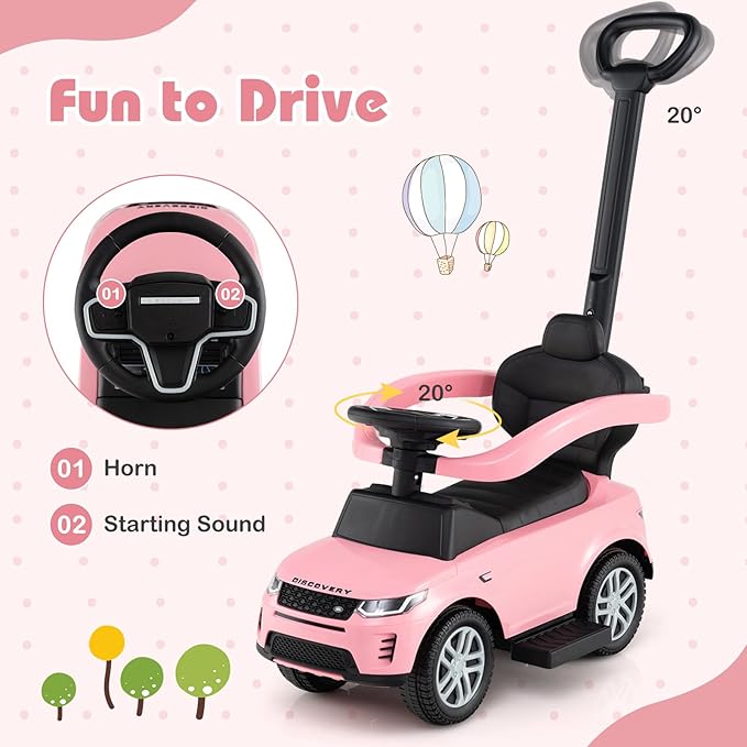 Costzon Push Car for Toddlers, 3 in 1 Land Rover Discovery Stroller Sliding Walking Car with Handle, Horn Sound, Underneath Storage, Armrest Guardrail, Foot-to-Floor Ride On Toy for Boys Girls (Pink)