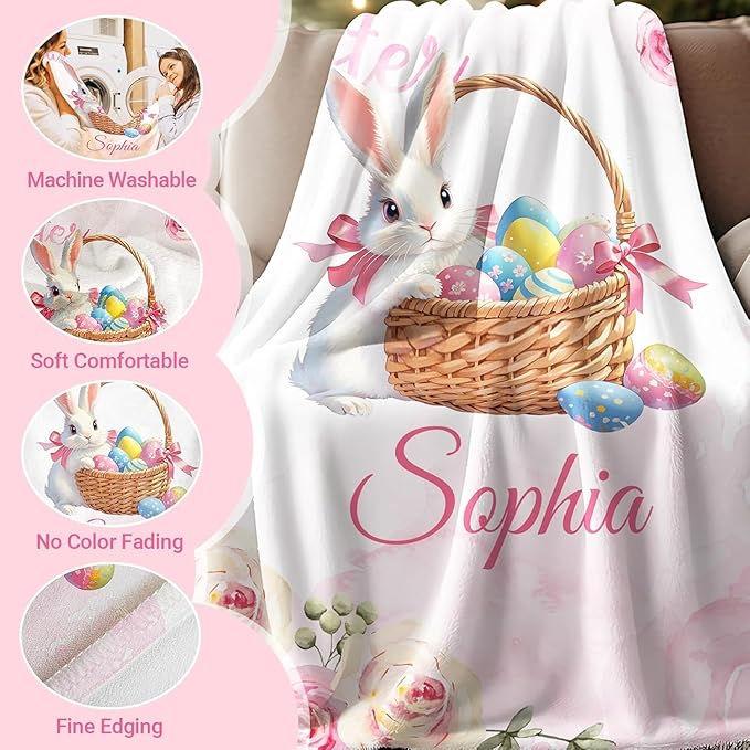Ships Next Day - Personalized Baby Blanket with Name, Easter Bunny Blanket Gifts for Girls Boys, Custom Flannel Name Blanket, Personalized Easter Gifts for Kids Toddlers