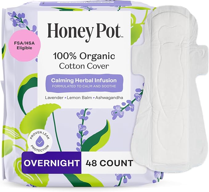 Honey Pot Calming Overnight Sanitary Pads for Women - 100% Organic Cotton Top Sheet - Feminine Care - Non Cooling - Calming Herbs of Lavender, Ashwagandha, & Lemon Balm - 48ct