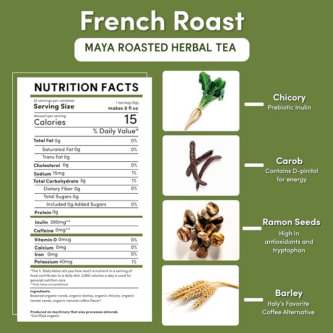 Teeccino French Roast Herbal Tea - Rich & Roasted Herbal Tea That’s Caffeine Free & Prebiotic for Natural Energy, Coffee Alternative, 25 Tea Bags