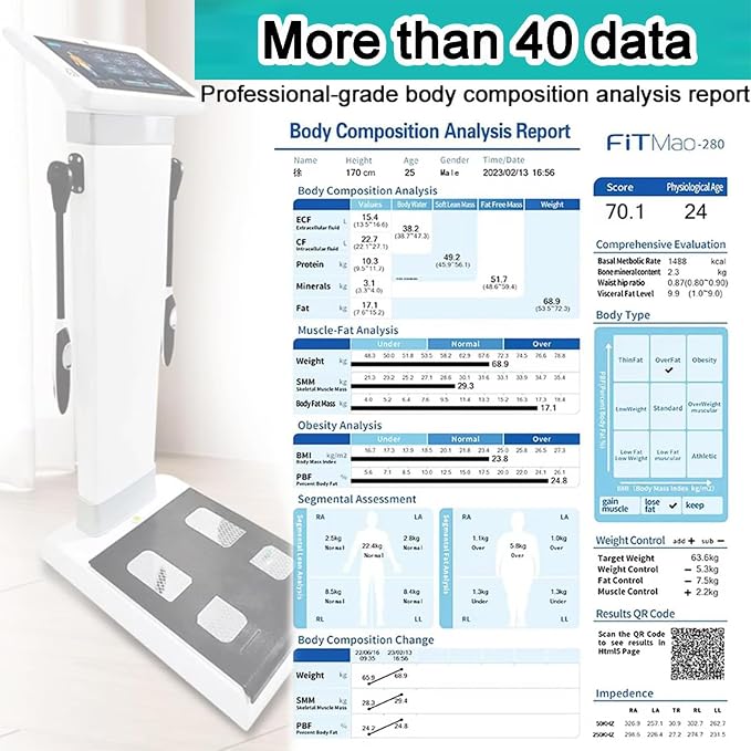 Body Composition Analysis Machine with Printer, 10.1" HD Touch Screen with BIA Technology Body Fat Scale, Body Bmi Analyzer Health Monitor Fat Percentage