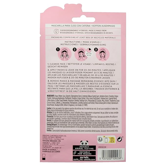 Oh K! Eye Mask - Caffeine - Hydrating Under Eye Patches for Dark Circles - Hydrogel Mask with Yuzu, Ginseng - Undereye Patches for Puffiness - 1 Pair