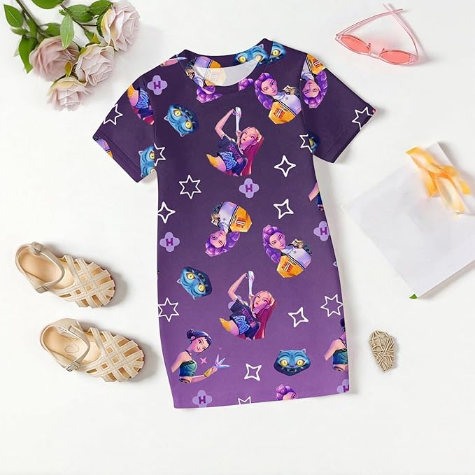 Girl's Anime K-POP Graphic Long Dress T-Shirt - Casual Loose Fit Short Sleeve Top