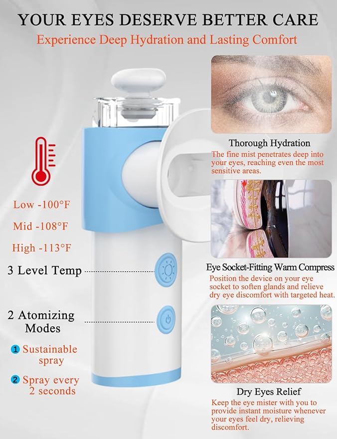 Eye Steamer for Dry Eye - Vowleike Portable Heated USB Nano Eye Mist Sprayer with Warm Compress for Dry Eyes & Stye Relief, Rechargeable Eye Drops Steamer for Home, Office & Travel, Light Blue