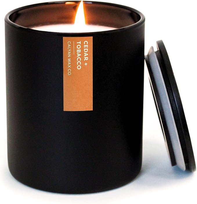 Calyan Wax Co. Cedar & Tobacco Scented Candle - 75 Hour Burn - Luxury Clean Soy Wax Candles - Long Lasting Black Tumbler Jar Candle for Home - 10.2oz