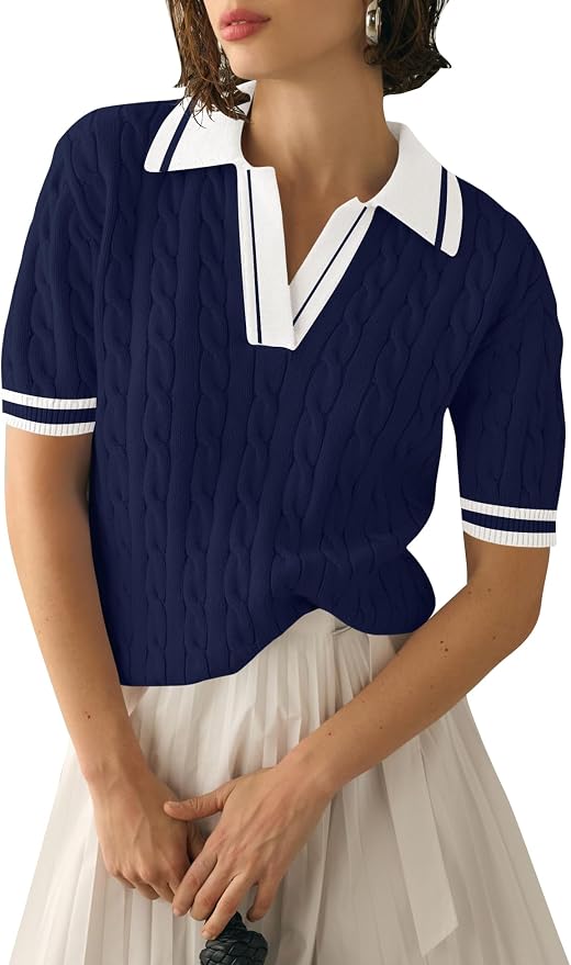 Micoson Womens Short Sleeve Sweater Tops Lapel V Neck Polo Shirts 2026 | Summer Cable Knit Loose Blouses, Business Casual Outfits