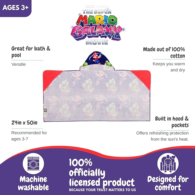 The Super Mario Galaxy Movie Kids Super Soft Bath/Pool/Beach Soft Cotton Terry Hooded Towel Wrap, 24 in x 50 in, Mario & Luigi, (100% Officially Licensed Product) by Franco