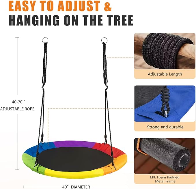 40 Inch Saucer Tree Swing for Kids Outdoor,Disc Round Swing with Waterproof Textilene Fabric,500Lb Weight Capacity,Kids Playground Outdoor Activity Backyard Fun (Multicolor)