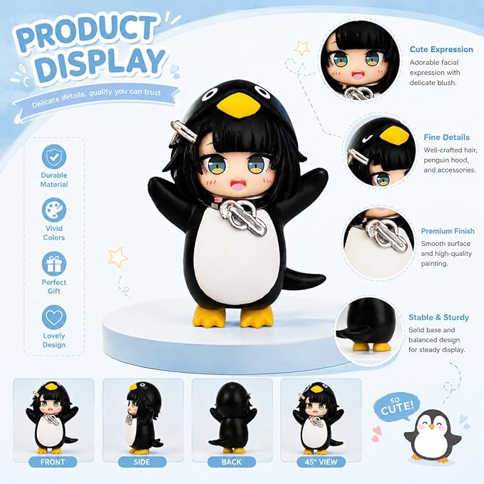 2.3in Anime gugugaga Penguin Figure Cute Penguin Costume Girl PVC Collectible Statue Kawaii Desktop Ornament for Desk Shelf Car Dashboard