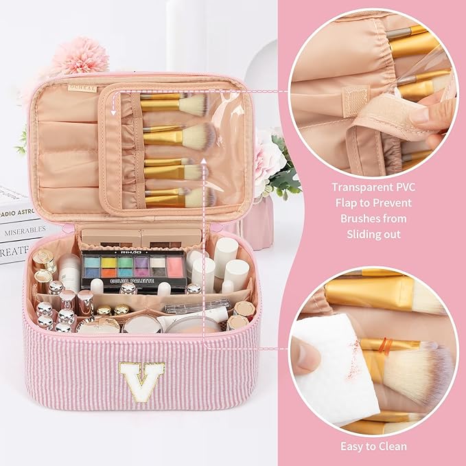 OCHEAL Makeup Bag Valentines Day Gifts for Women, Monogram Cosmetic Bag Pink Travel Makeup Case Beauty Toiletry Bag Organizer Personalized Gifts for Girls Bridesmaid, Sister, Wife, Friends Initial V