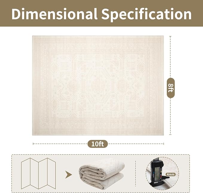 Washable Rugs 8x10 Area Rugs for Living Room- Large Vintage Rugs for Bedroom,Dining Room,Ultra Soft Low Pile Foldable Carpet with Non Slip Rubber Backing,Neutral Accent Rug(Light Brown)