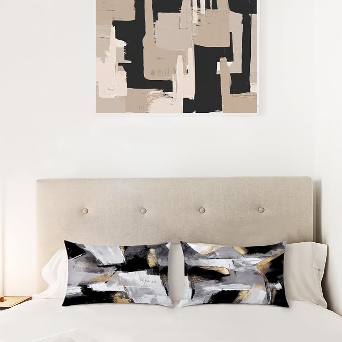 Black and White Pillow covers, Abstract White Black and Gold Pillow Covers 12x20 Set of 2, Modern Black and White Pillow Covers for Couch Bed Living Room