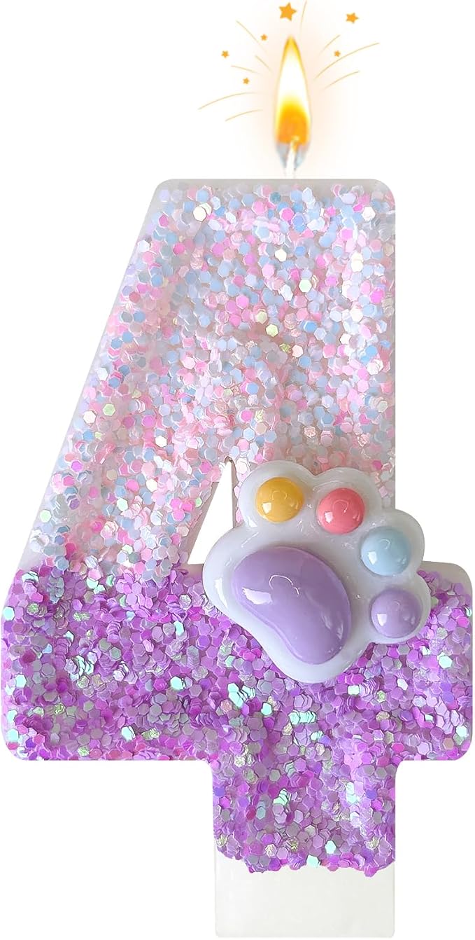 Pink Cat and Dog Paw Birthday Number Candles, Cupcake Decorations, Dog Theme Candles, Suitable for Party Celebrations, Birthday Decoration Supplies (Number 4)